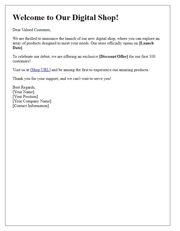 Letter template of digital shop debut communication