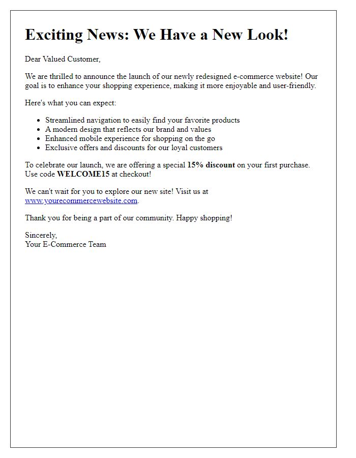 Letter template of e-commerce site unveiling message