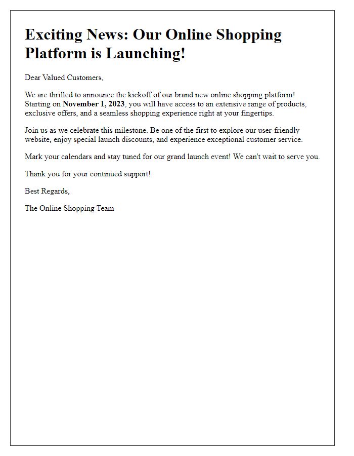 Letter template of online shopping platform kickoff announcement