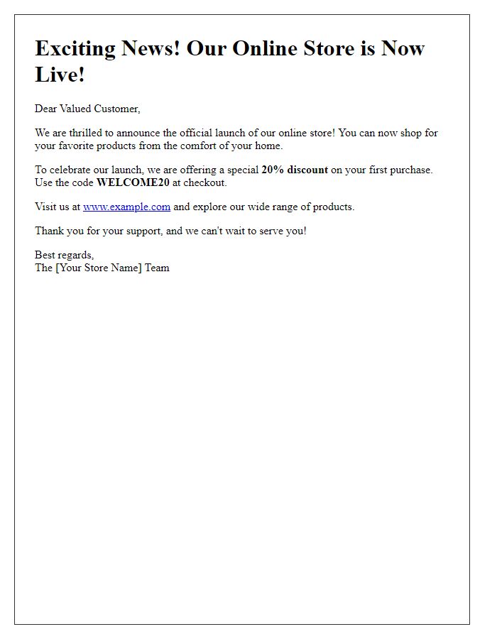 Letter template of online store launch notification