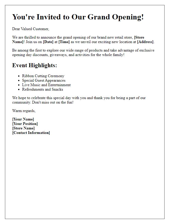 Letter template of retail website grand opening announcement