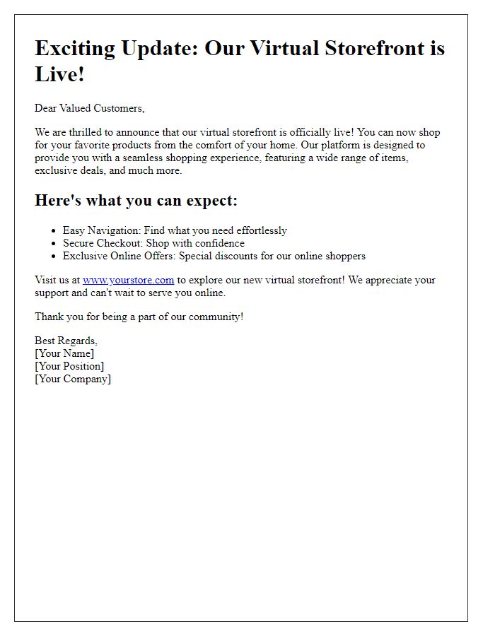 Letter template of virtual storefront launch update