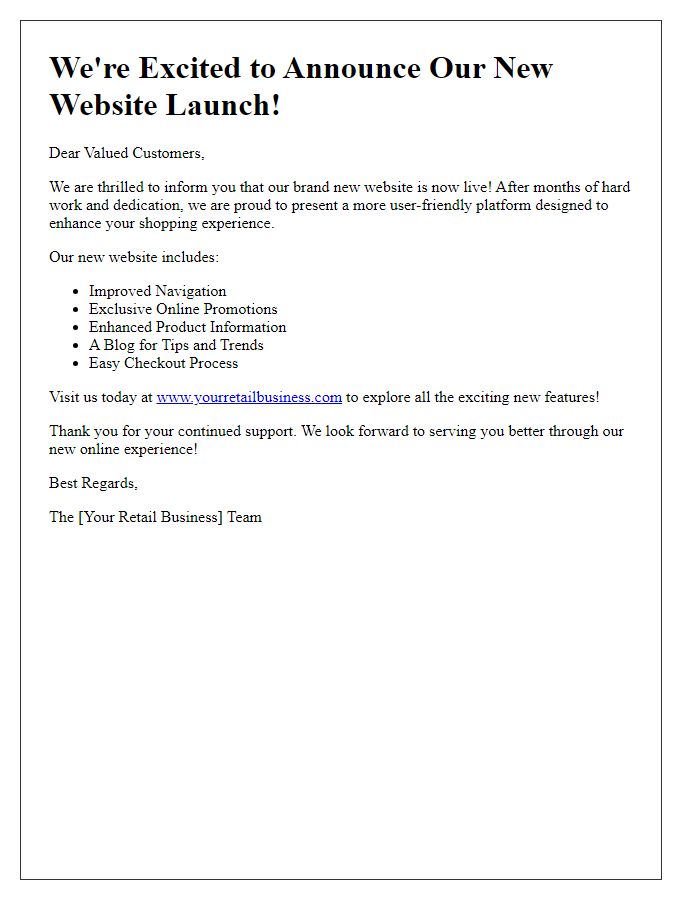 Letter template of website launch for retail business