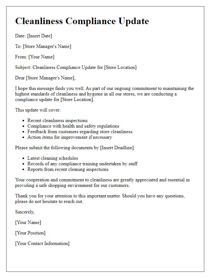 Letter template of cleanliness compliance update for stores