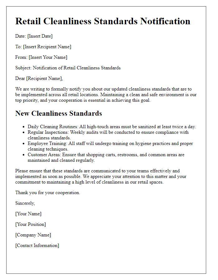 Letter template of retail cleanliness standards notification