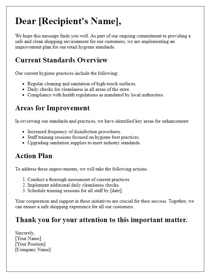 Letter template of retail hygiene standards improvement