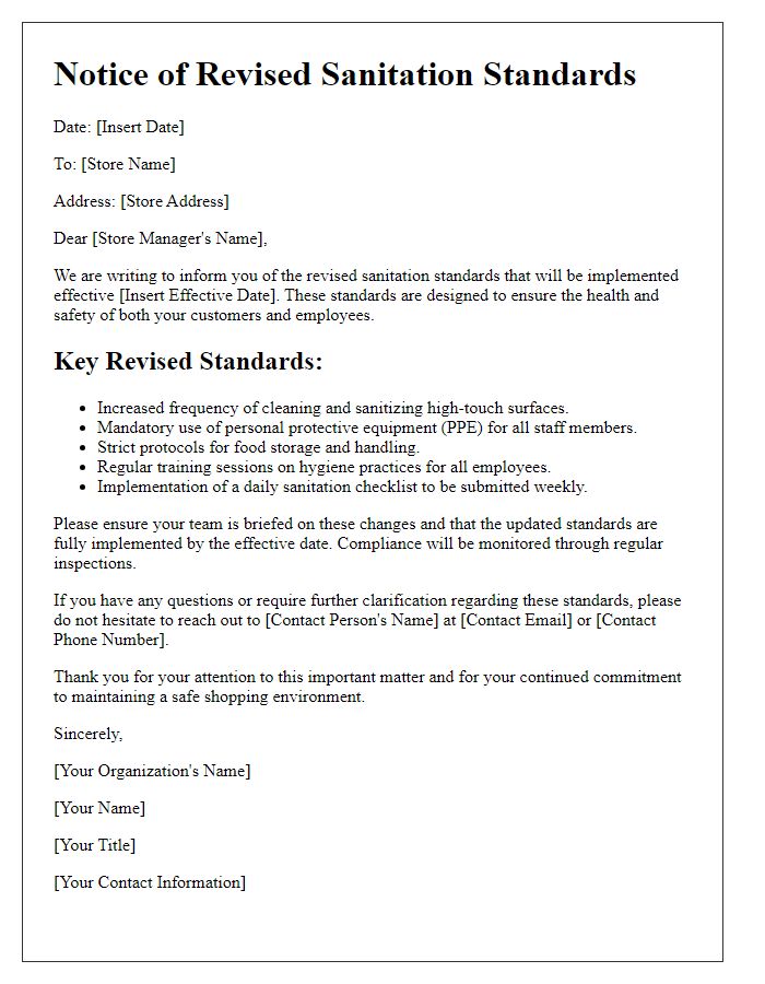 Letter template of revised sanitation standards for stores