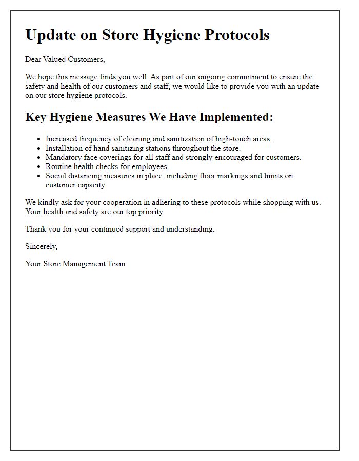 Letter template of update on store hygiene protocols