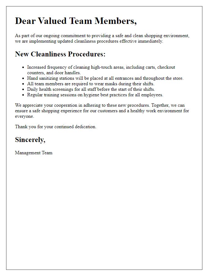 Letter template of updated cleanliness procedures for retail