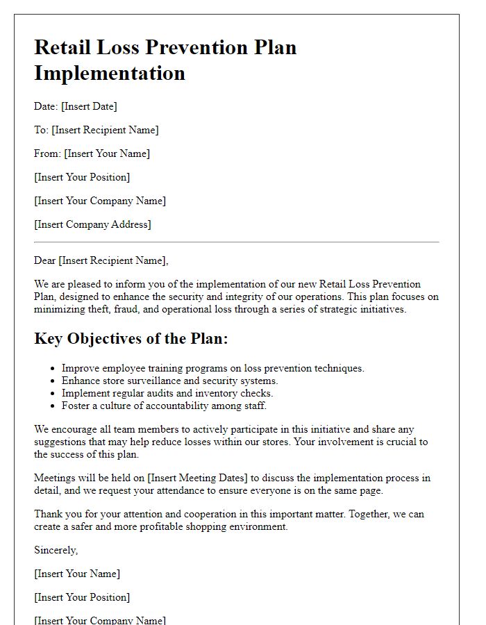 Letter template of retail loss prevention plan implementation.