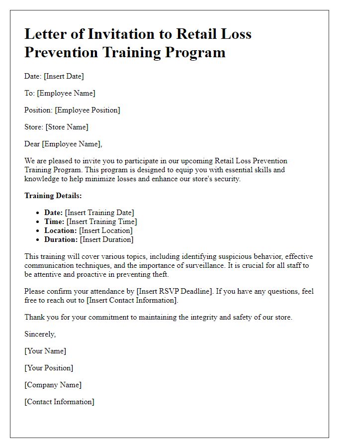 Letter template of retail loss prevention training program.