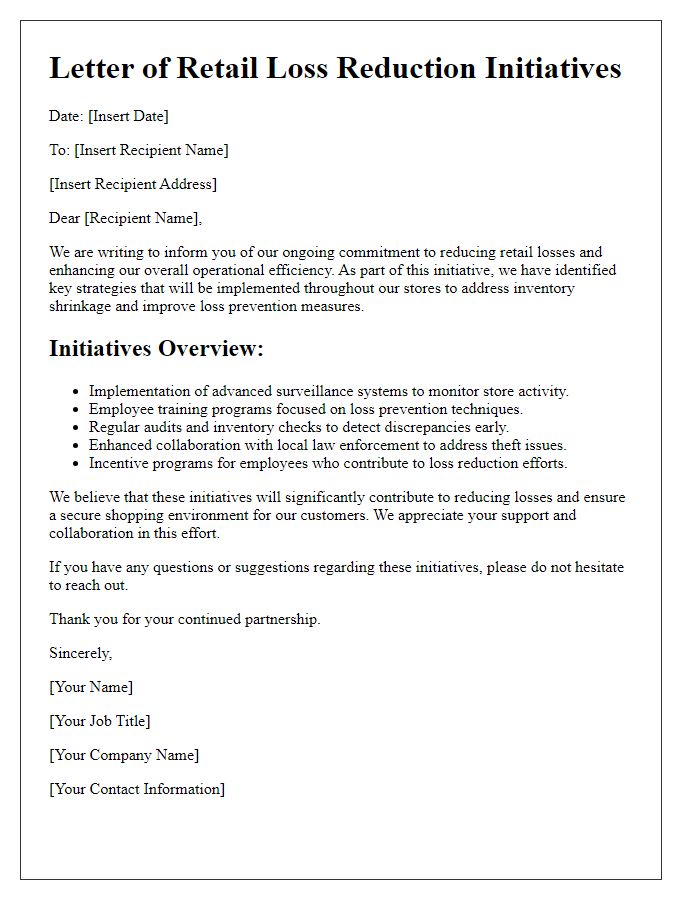 Letter template of retail loss reduction initiatives.