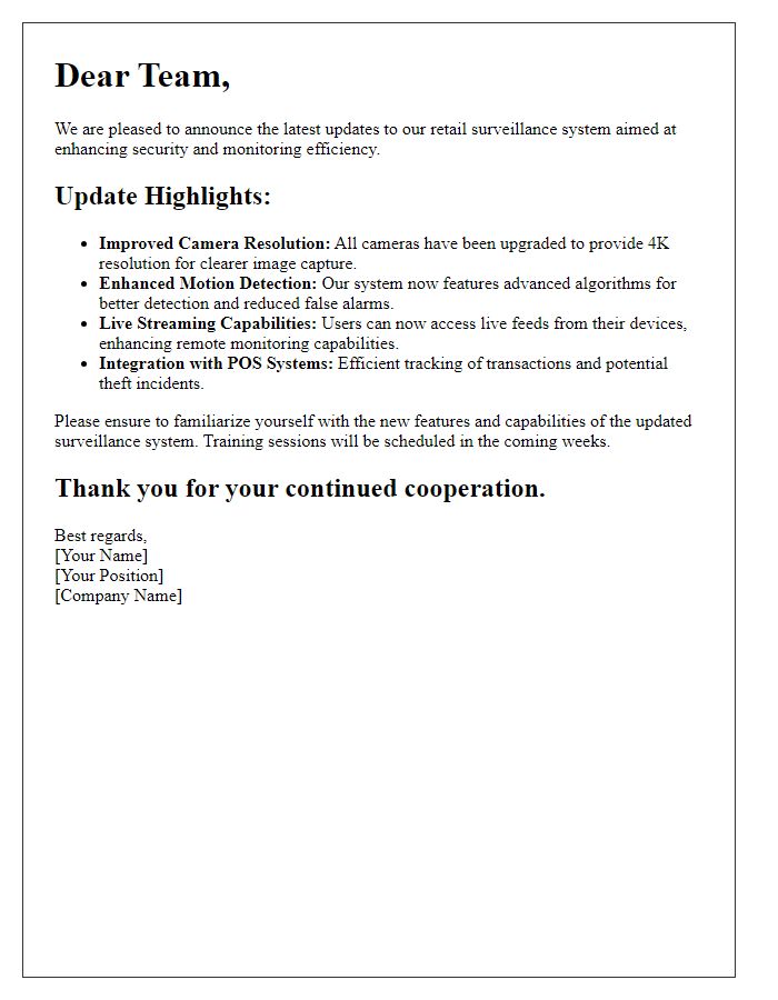 Letter template of retail surveillance system updates.