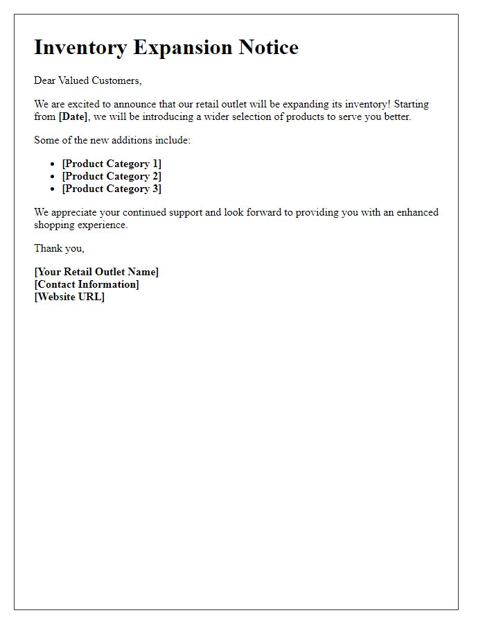 Letter template of inventory expansion notice for our retail outlet.