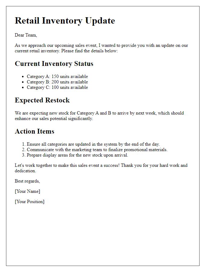 Letter template of retail inventory update for upcoming sales.