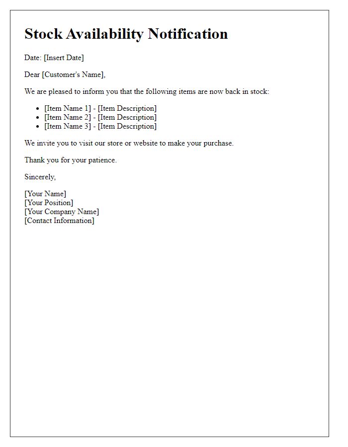 Letter template of stock availability notification for retail inventory.