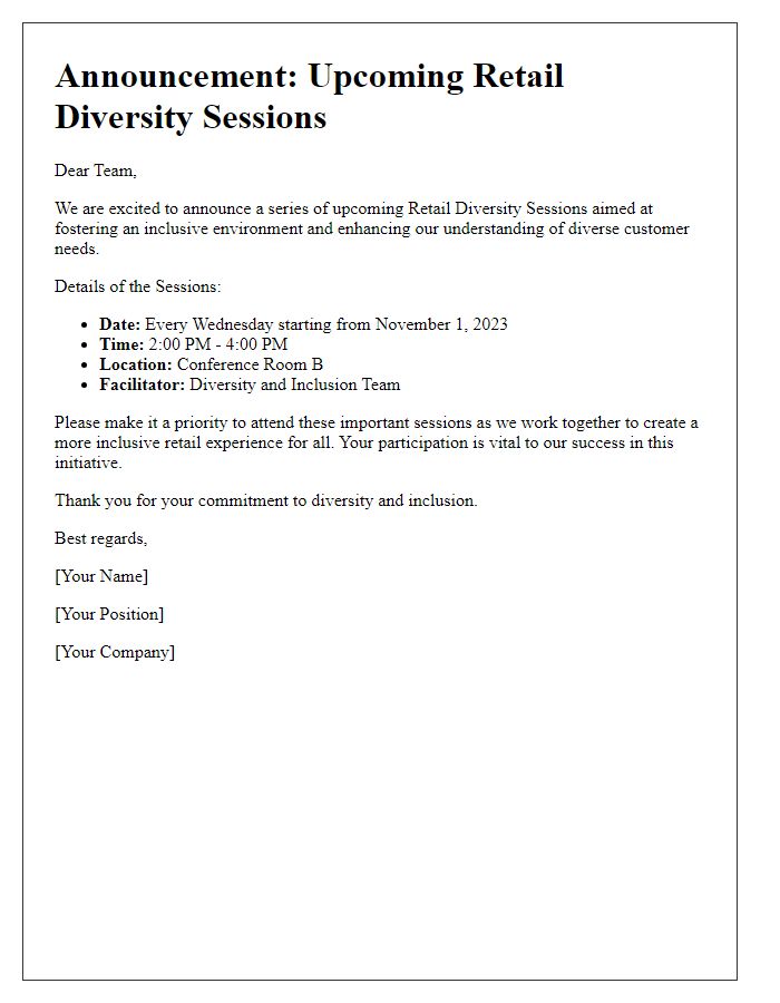 Letter template of announcement for upcoming retail diversity sessions.