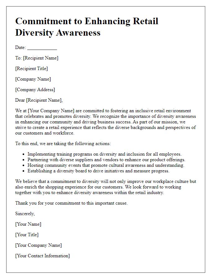 Letter template of commitment to enhancing retail diversity awareness.