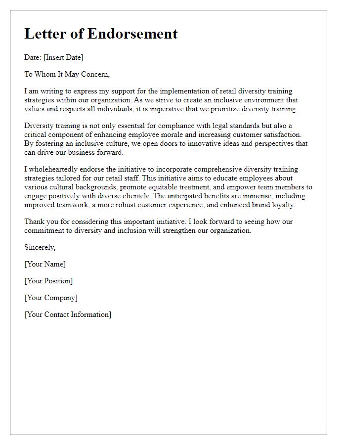 Letter template of endorsement for retail diversity training strategies.