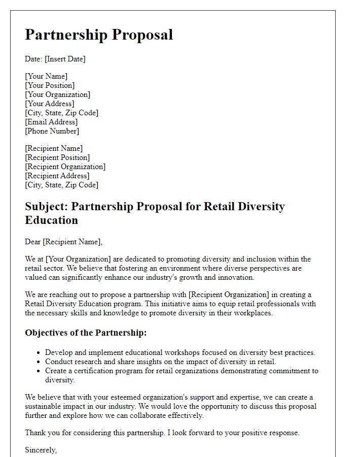 Letter template of partnership proposal for retail diversity education.