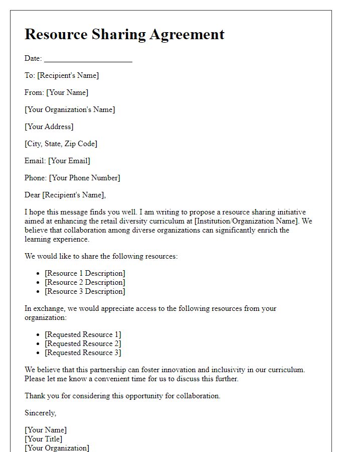 Letter template of resource sharing for retail diversity curriculum.