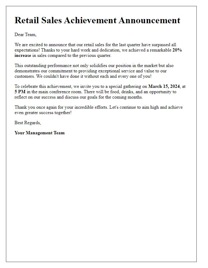 Letter template of retail sales achievement announcement