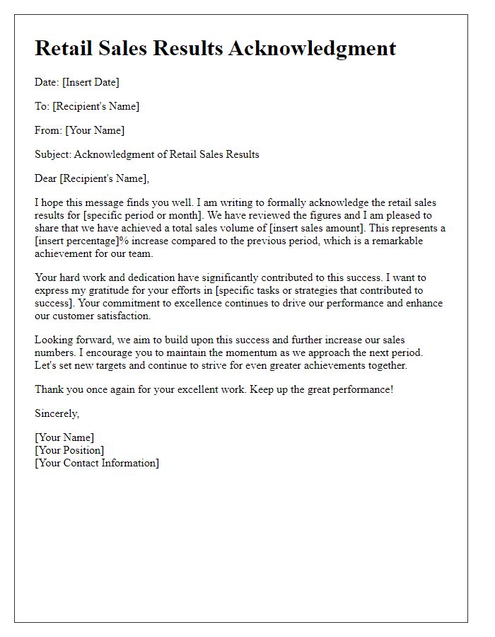 Letter template of retail sales results acknowledgment