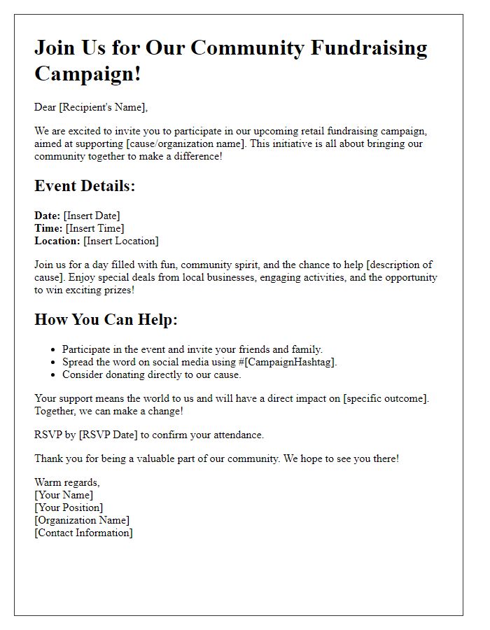 Letter template of retail fundraising campaign invitation for community engagement.