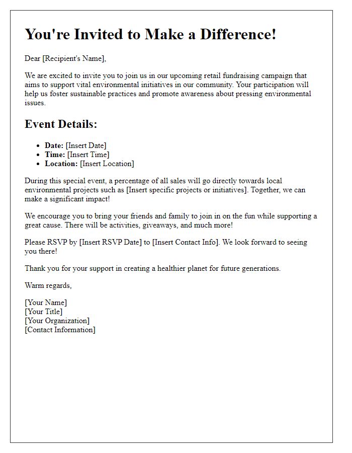 Letter template of retail fundraising campaign invitation for environmental initiatives.