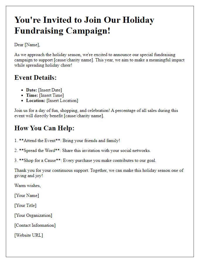 Letter template of retail fundraising campaign invitation for holiday promotions.