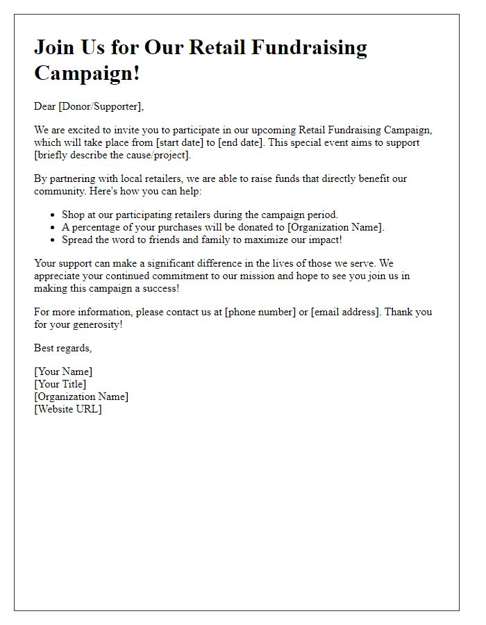 Letter template of retail fundraising campaign invitation for non-profit organizations.