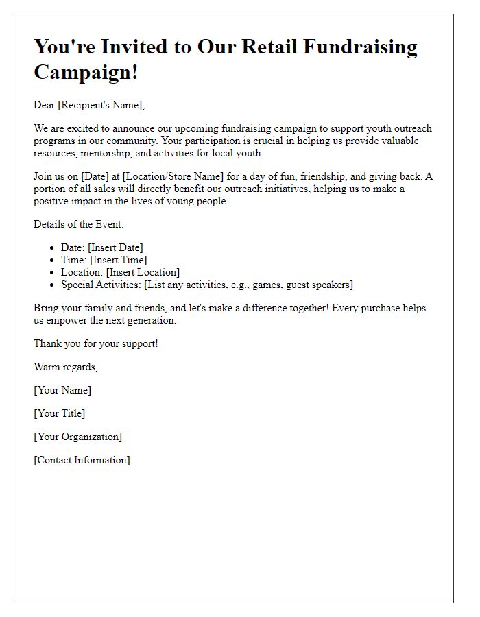 Letter template of retail fundraising campaign invitation for youth outreach programs.