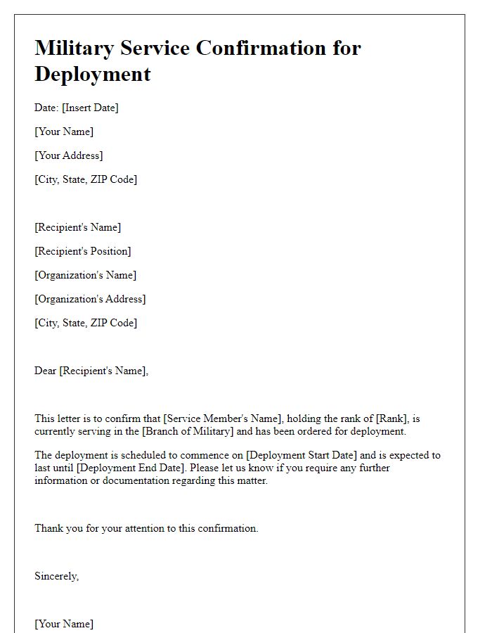 Letter template of military service confirmation for deployment