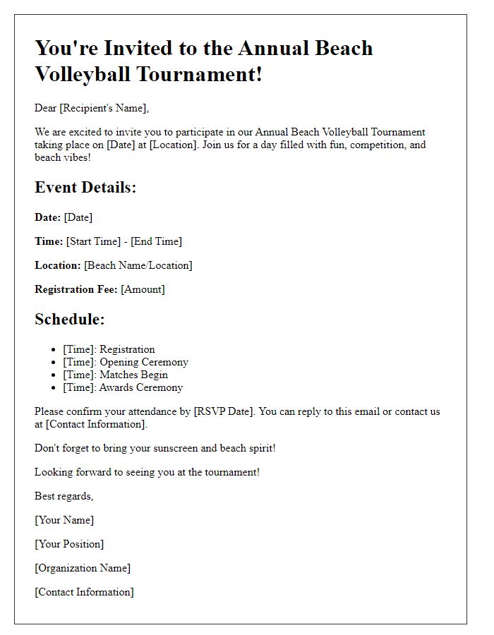 Letter template of beach volleyball tournament invitation