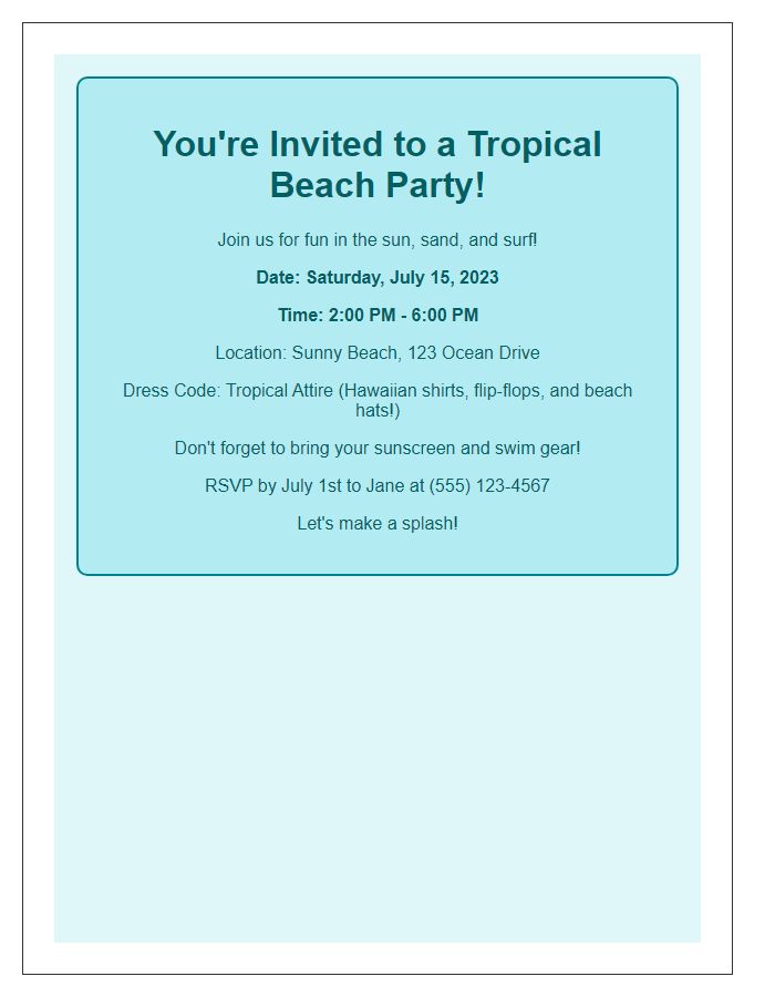 Letter template of tropical-themed beach party invitation