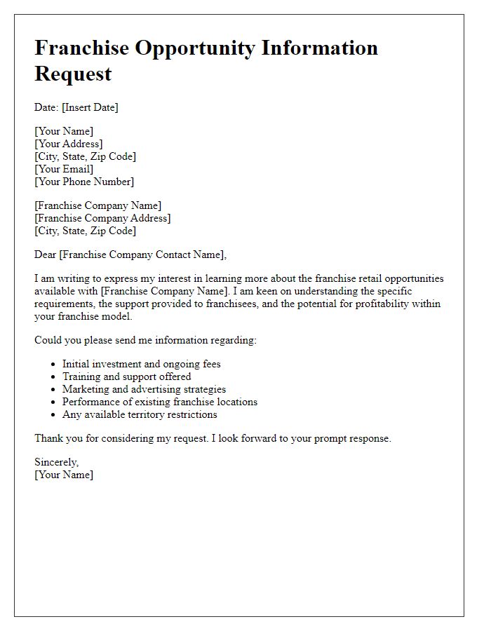 Letter template of franchise retail opportunity information request