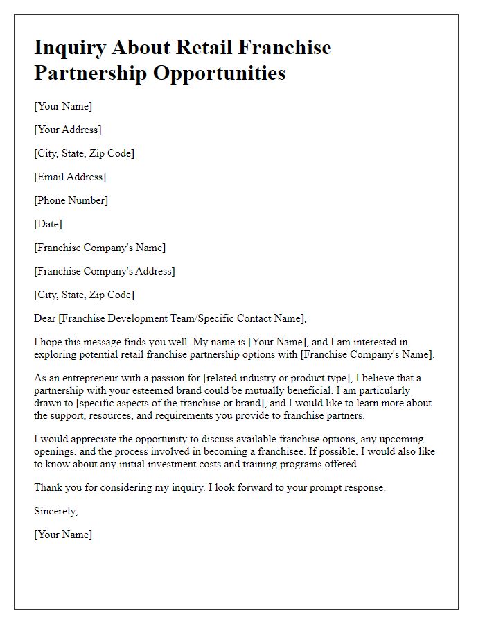 Letter template of inquiry about retail franchise partnership options