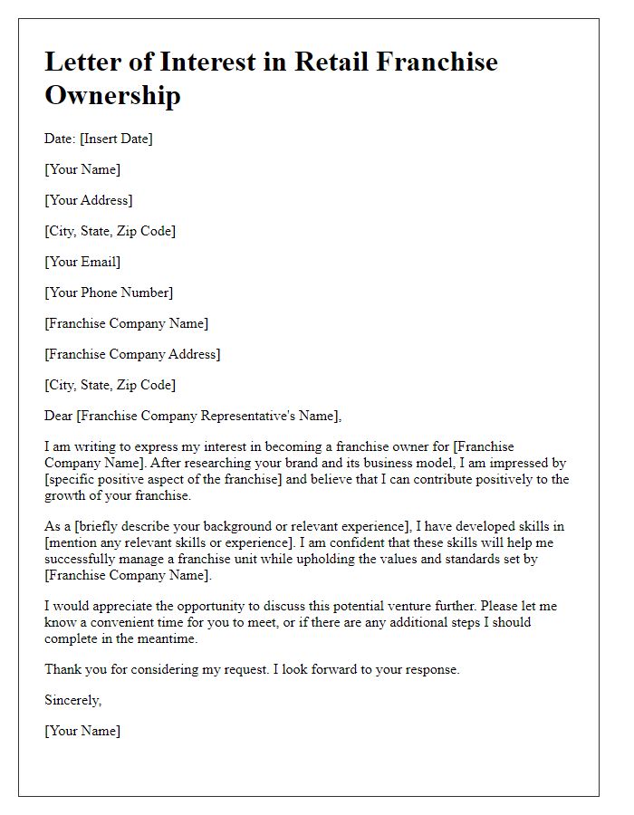 Letter template of interest in retail franchise ownership