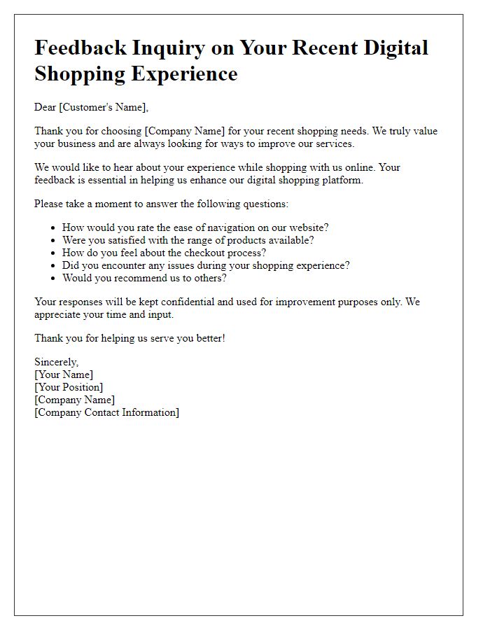 Letter template of feedback inquiry for digital shopping experience