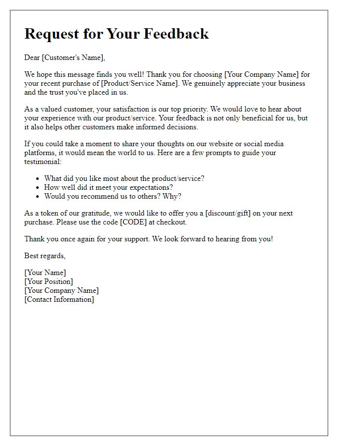 Letter template of testimonial appeal for e-commerce feedback