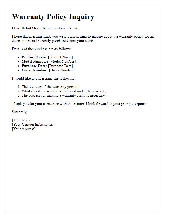 Letter template of retail warranty policy inquiry for electronics.
