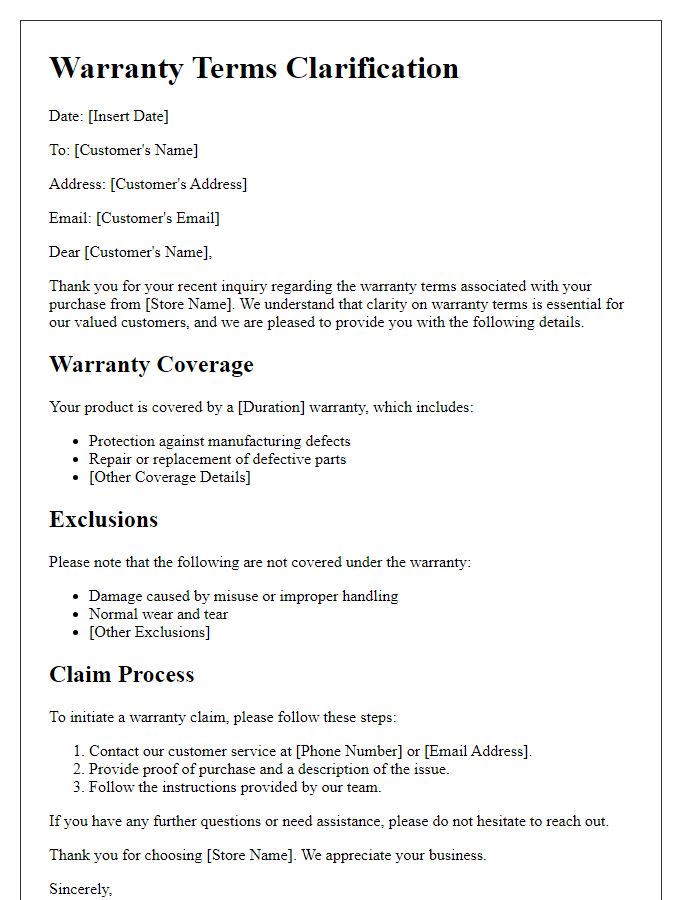 Letter template of retail warranty terms clarification.