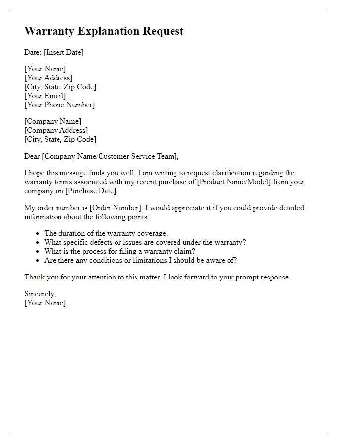 Letter template of warranty explanation request for consumer goods.