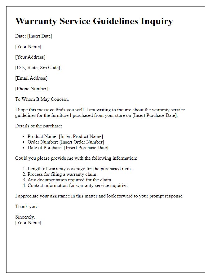 Letter template of warranty service guidelines inquiry for furniture.