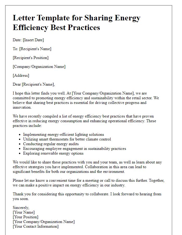 Letter template of retail energy efficiency best practices sharing