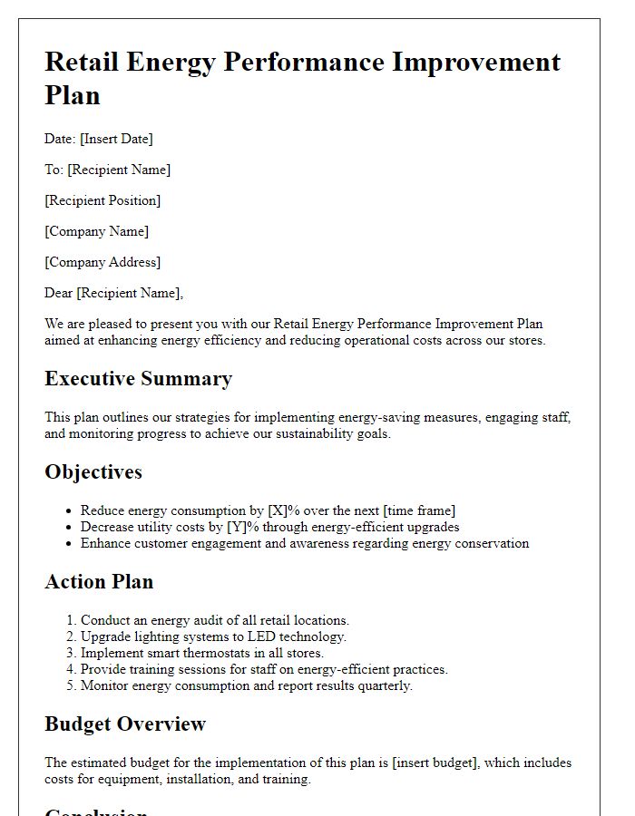 Letter template of retail energy performance improvement plan