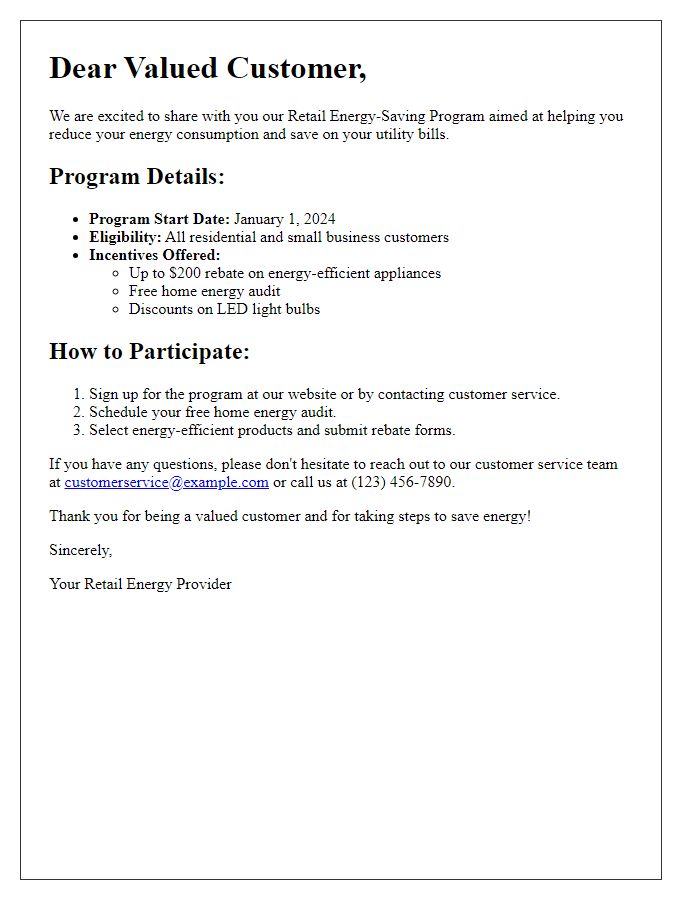 Letter template of retail energy-saving program details