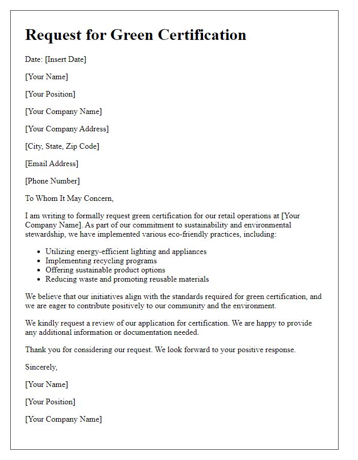 Letter template of retail green certification request