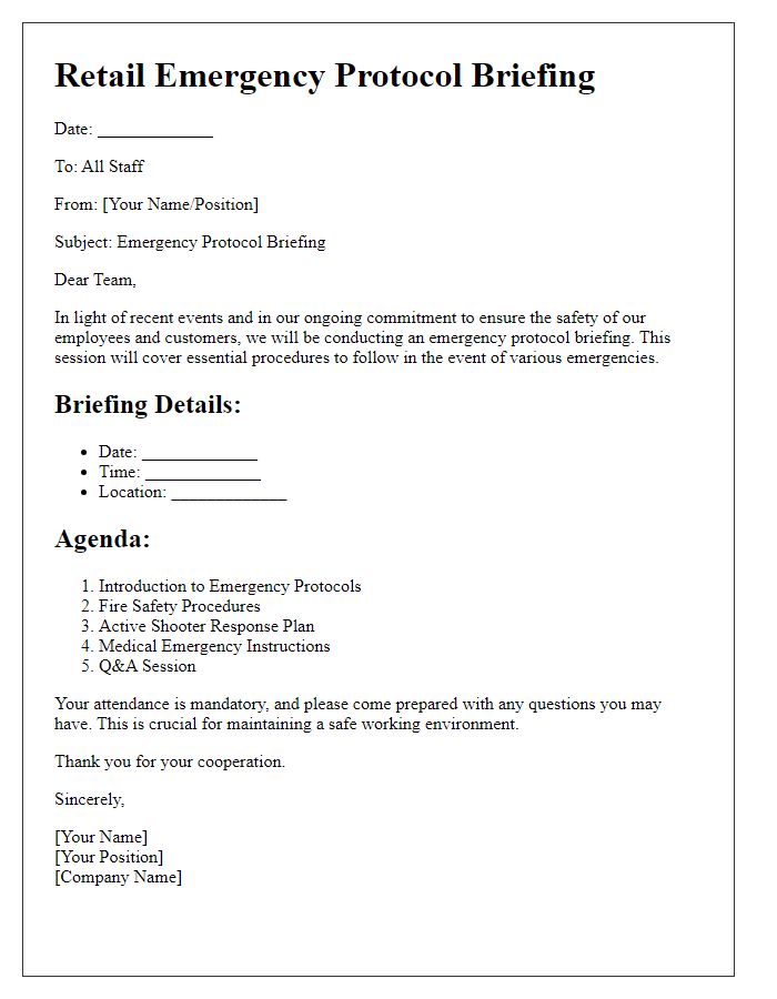 Letter template of retail emergency protocol briefing