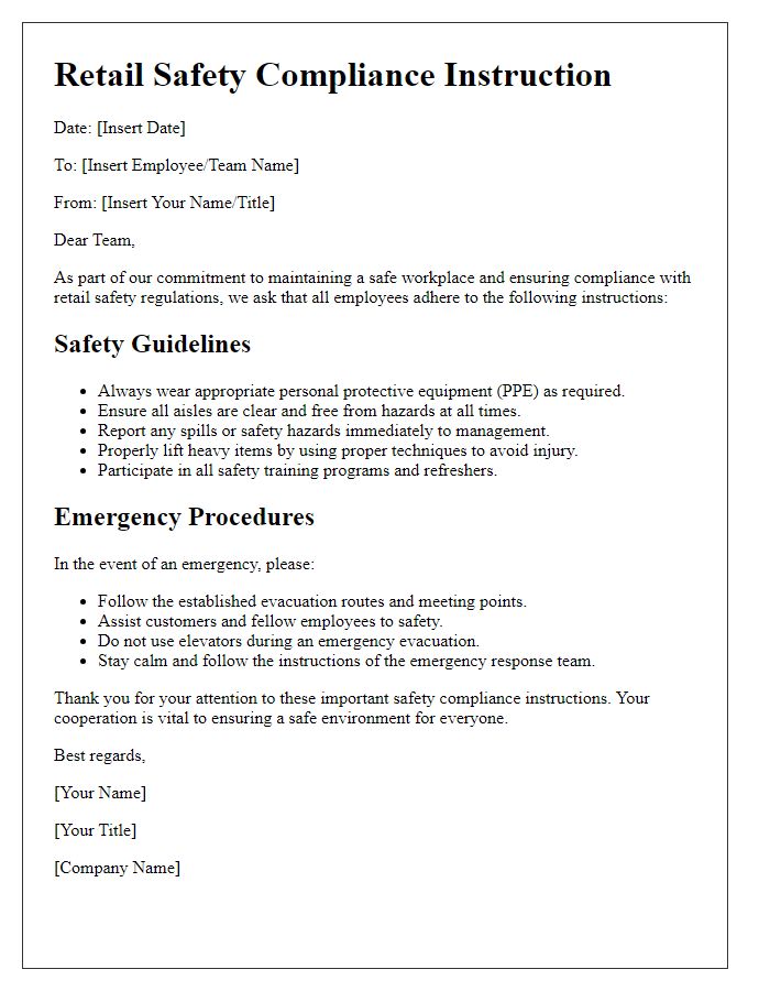 Letter template of retail safety compliance instruction